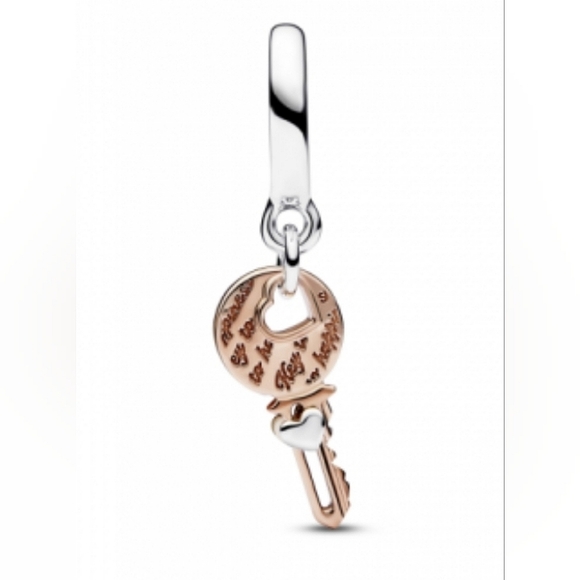 Authentic NEW Pandora Two Tone Key and Sliding Heart Charm S925ALE 14K RGP - Picture 5 of 8